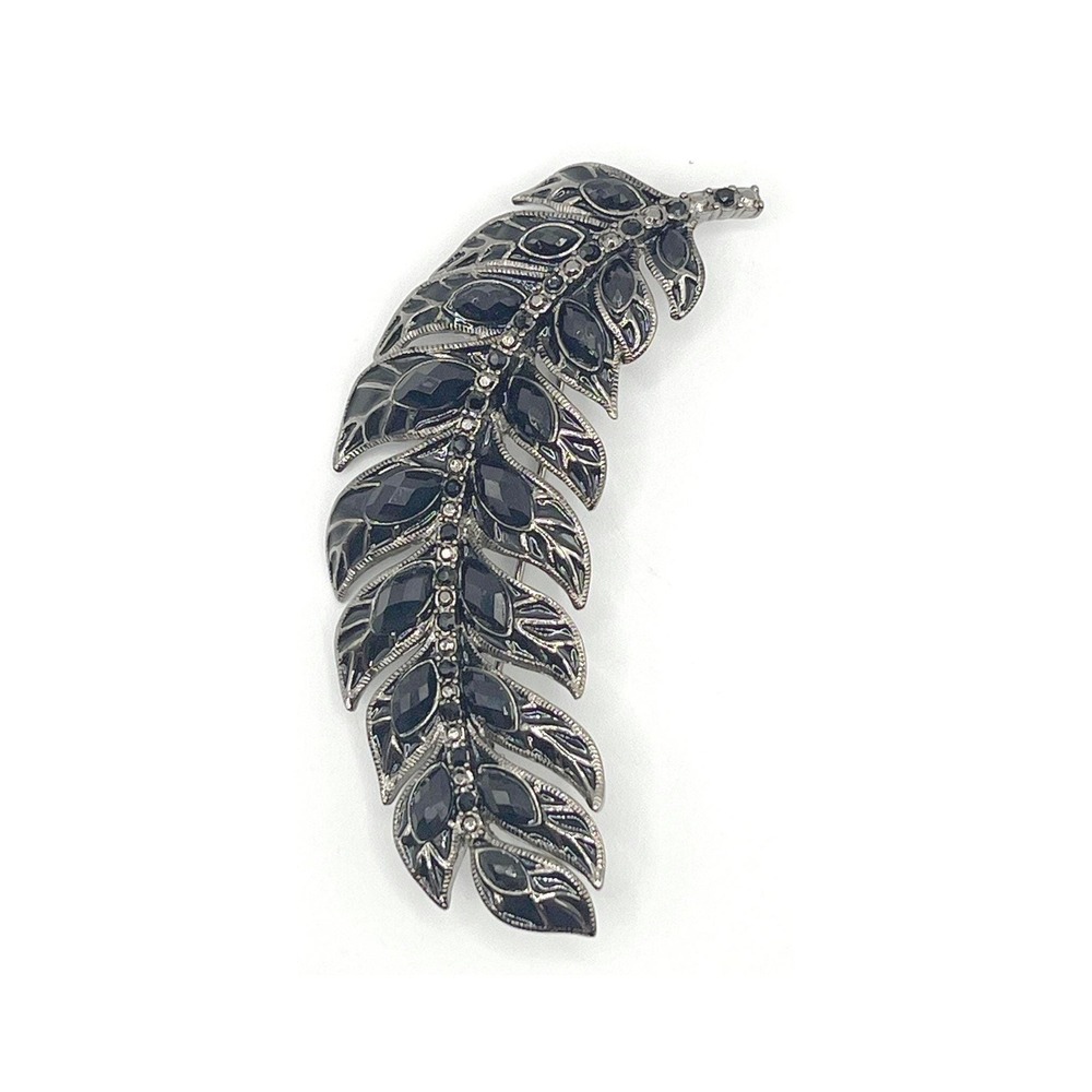 Vintage Monet Black Enamel Leaf Brooch Silver Tone Rhinestone Accent 3.5"